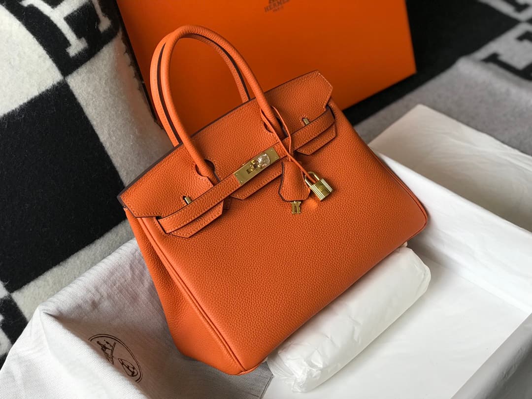 C4845 Semi-handmade Platinum 25cm Birkin, orange color, gold clasp, waxed lines, full steel hardware, Togo leather — image 3