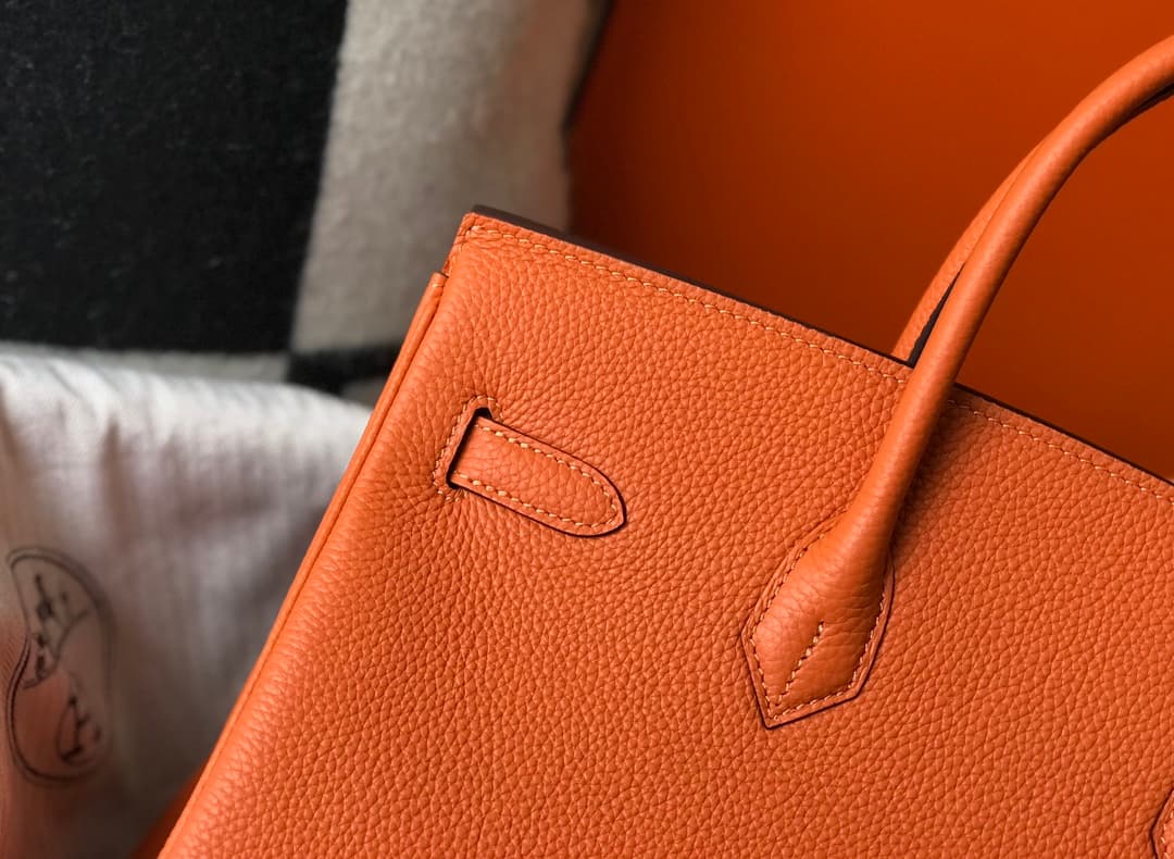 C4845 Semi-handmade Platinum 25cm Birkin, orange color, gold clasp, waxed lines, full steel hardware, Togo leather — image 6