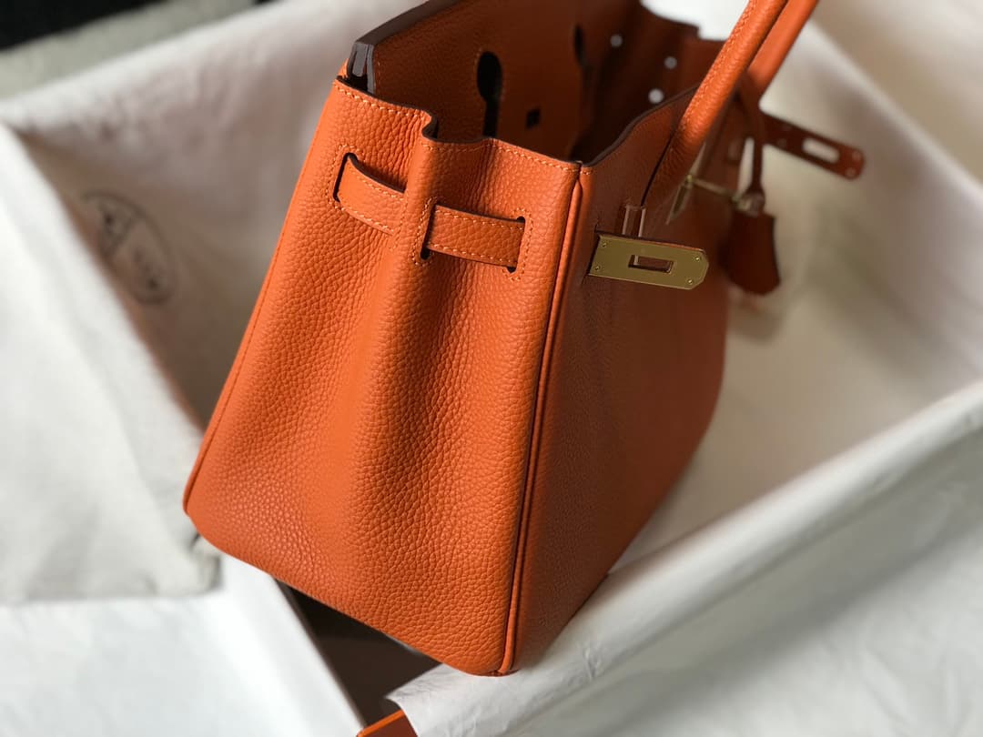 C4845 Semi-handmade Platinum 25cm Birkin, orange color, gold clasp, waxed lines, full steel hardware, Togo leather — image 4