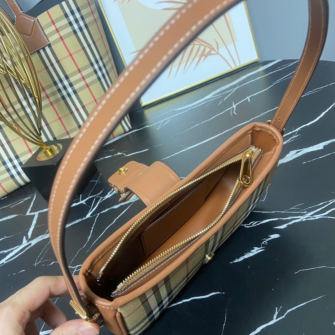 C19 B brand's latest Italian-made bag style, decorated with Burberry plaid pattern. Standout buckle belt design inspired by the brand's iconic Trench coat. Model 3308, sizes: 26 x 6 x 12 , — image 5