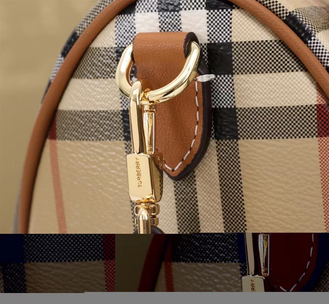 C71 🔥🔥The latest Italian-made bowling bag from B brand is crafted from plaid material and ribbed leather. It features a leather handle at the top, detachable and adjustable shoulder straps, zippers for opening and closing, as well as a leather-lined lock  — image 7