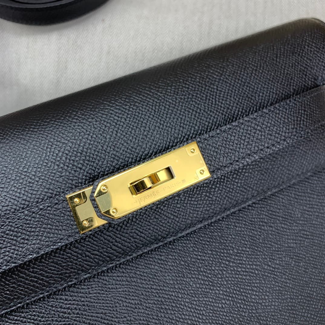 C4873 Kelly Depeches 25cm Epsom leather 89 black with gold buttons — image 8