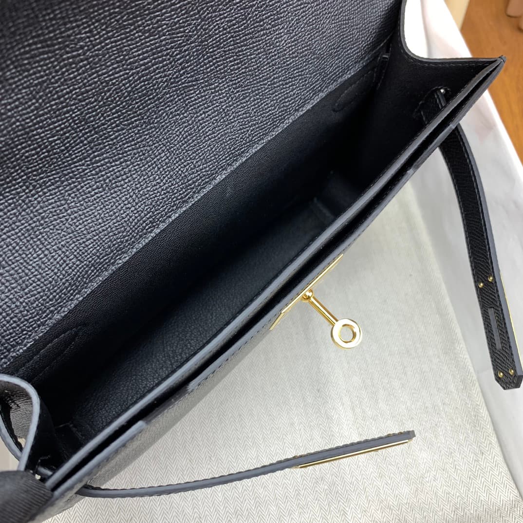 C4873 Kelly Depeches 25cm Epsom leather 89 black with gold buttons — image 7