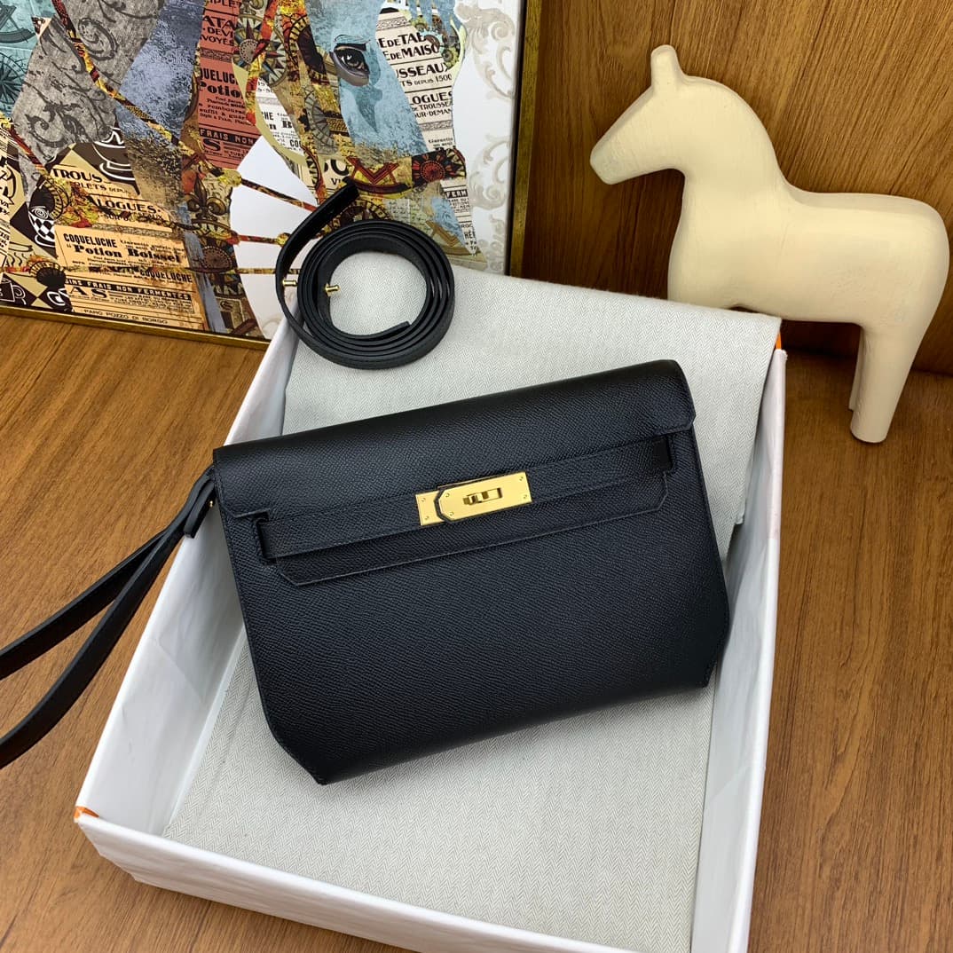 C4873 Kelly Depeches 25cm Epsom leather 89 black with gold buttons — image 5