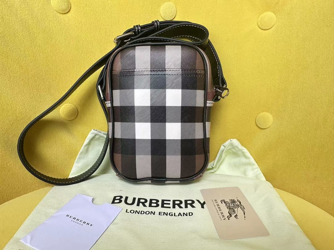 C146 Burberry’s elegant bags, adorned with Burberry check patterns and the brand logo. They feature adjustable leather shoulder straps. The bio-based materials are derived from renewable resources such as plants and castor oil. Available in sizes 12, 4, 5 — image 3