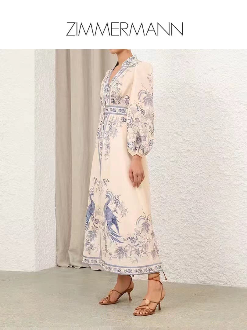 C18219 Size code: 20252712. Zimmermann new model, elegant vintage/retro floral print, V-neck, waist-catching lantern-length dress. Colors: blue, pink, brown. S-XL sizes available. [Size M: bust 92, waist 78, sleeve length 65, total length 145, weight 0. 6 — image 6