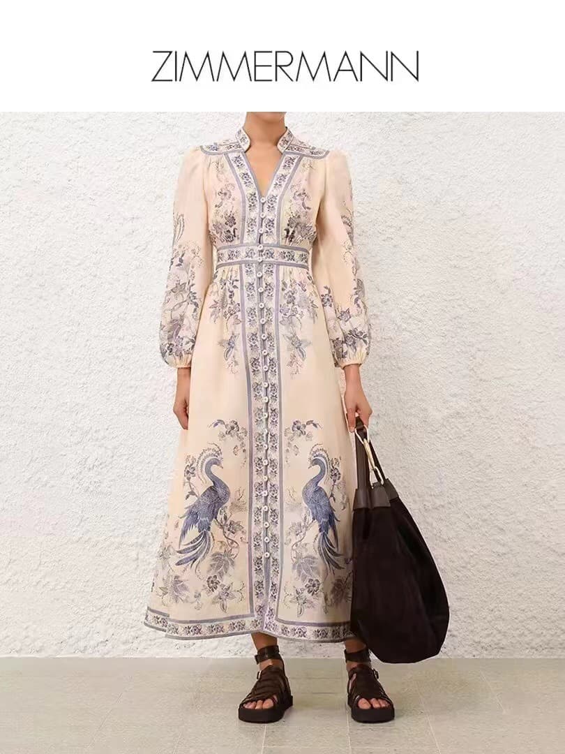 C18219 Size code: 20252712. Zimmermann new model, elegant vintage/retro floral print, V-neck, waist-catching lantern-length dress. Colors: blue, pink, brown. S-XL sizes available. [Size M: bust 92, waist 78, sleeve length 65, total length 145, weight 0. 6 — image 5