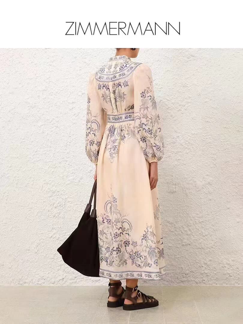 C18219 Size code: 20252712. Zimmermann new model, elegant vintage/retro floral print, V-neck, waist-catching lantern-length dress. Colors: blue, pink, brown. S-XL sizes available. [Size M: bust 92, waist 78, sleeve length 65, total length 145, weight 0. 6 — image 7