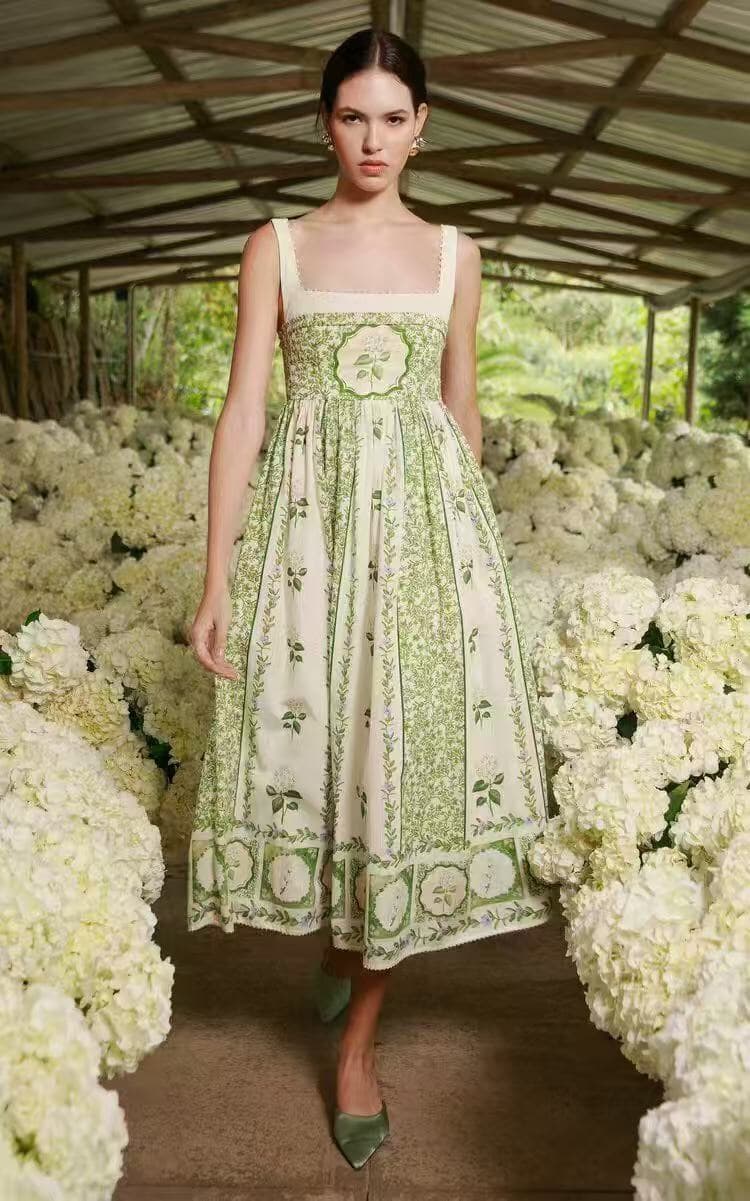 C18275 Style number 20253956 Zimmermann new model. Dress with green flower pattern and pearl-trimmed waistband. Beige color, sizes S-XL. [Size M: Bust 82, waist 72, length 116] — image 1