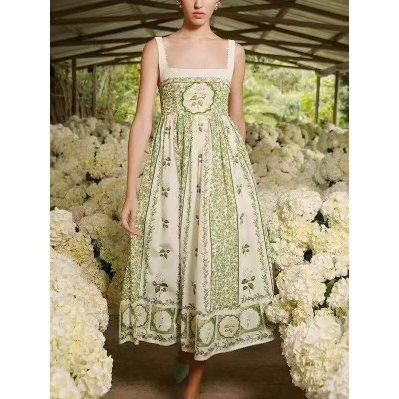 C18275 Style number 20253956 Zimmermann new model. Dress with green flower pattern and pearl-trimmed waistband. Beige color, sizes S-XL. [Size M: Bust 82, waist 72, length 116] — image 3