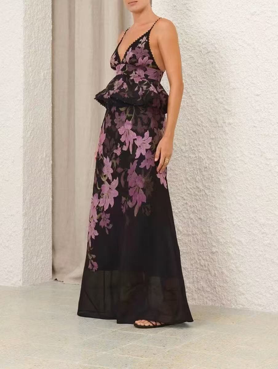 C18257 Item number: 20253959 Zimmermann new model, purple floral print,荷叶 silhouette, studded V-neck straps dress. Long dress, beige and black colors, sizes S-XL. [Size M; elastic waistband for 76, long length: 140] — image 3