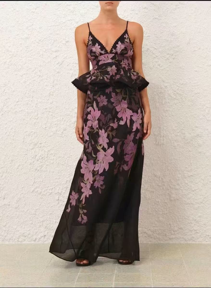 C18257 Item number: 20253959 Zimmermann new model, purple floral print,荷叶 silhouette, studded V-neck straps dress. Long dress, beige and black colors, sizes S-XL. [Size M; elastic waistband for 76, long length: 140] — image 2