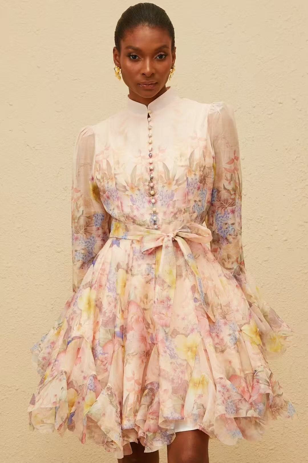 C18260 Item number: 20254120 Zimmermann – New model with hyacinth flower pattern,荷叶-shaped belt, high-waisted trumpet sleeves, short skirt. Colors: purple, yellow. S-XL sizes available. [Size M: bust 90, sleeve length 66, waistline 72, skirt length 95] — image 1