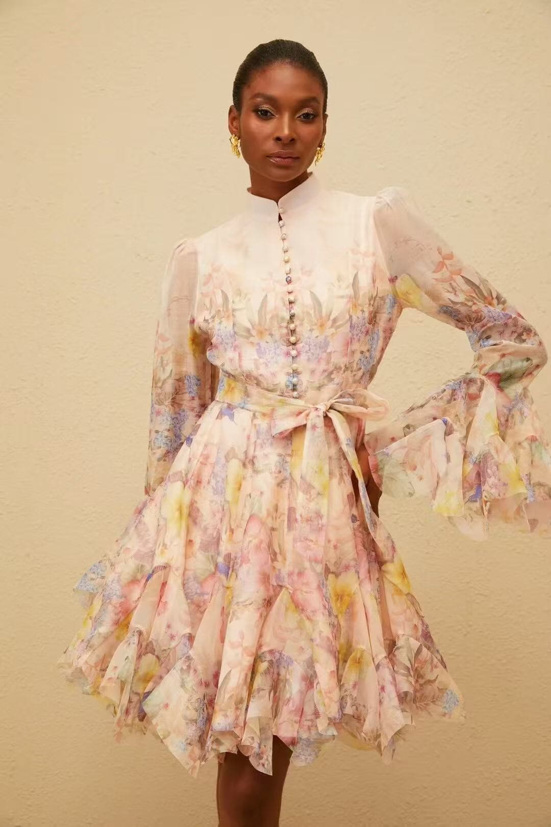 C18260 Item number: 20254120 Zimmermann – New model with hyacinth flower pattern,荷叶-shaped belt, high-waisted trumpet sleeves, short skirt. Colors: purple, yellow. S-XL sizes available. [Size M: bust 90, sleeve length 66, waistline 72, skirt length 95] — image 2
