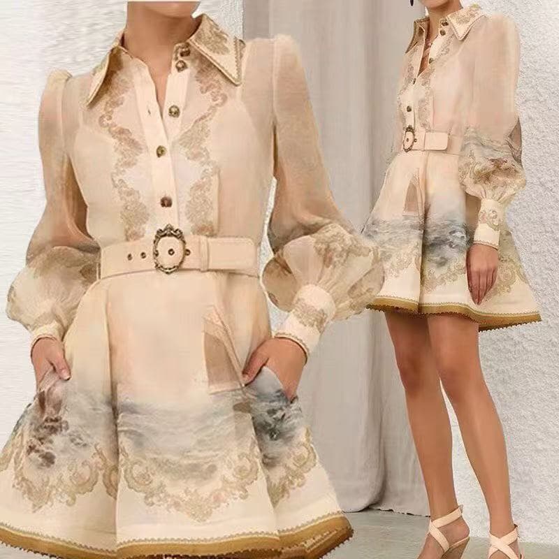 C18311 Size 20258036 Zimmermann* Vintage/retro model: Seaside sailboat-style vintage print V-neck long-sleeved dress with short skirt and belt. Apricot color, S-XL sizes. [M size: Chest circumference 92, waist circumference 80, sleeve length 70, full leng — image 2