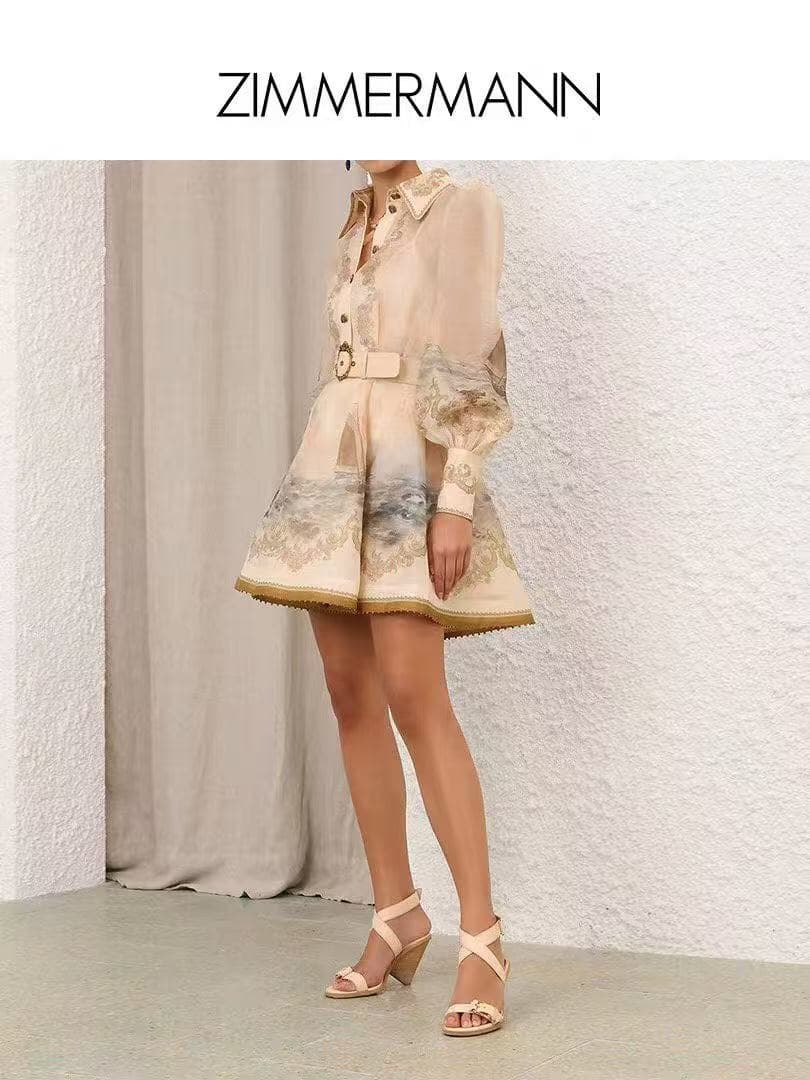 C18311 Size 20258036 Zimmermann* Vintage/retro model: Seaside sailboat-style vintage print V-neck long-sleeved dress with short skirt and belt. Apricot color, S-XL sizes. [M size: Chest circumference 92, waist circumference 80, sleeve length 70, full leng — image 4