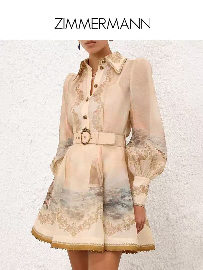 C18311 Size 20258036 Zimmermann* Vintage/retro model: Seaside sailboat-style vintage print V-neck long-sleeved dress with short skirt and belt. Apricot color, S-XL sizes. [M size: Chest circumference 92, waist circumference 80, sleeve length 70, full leng — image 3