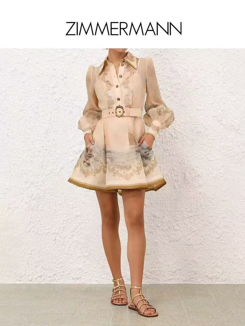 C18311 Size 20258036 Zimmermann* Vintage/retro model: Seaside sailboat-style vintage print V-neck long-sleeved dress with short skirt and belt. Apricot color, S-XL sizes. [M size: Chest circumference 92, waist circumference 80, sleeve length 70, full leng — image 5