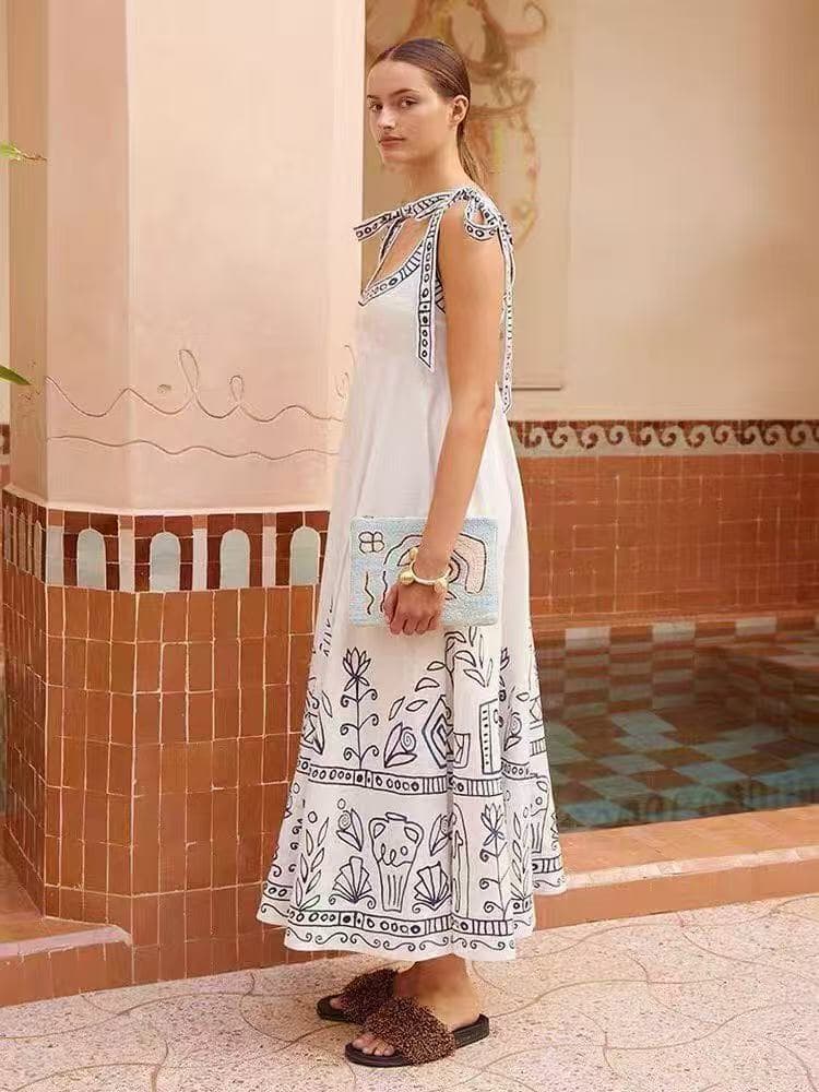 C18370 Item number: 20261542 Zimmermann* Vintage/retro abstract flower print linen dress with straps. Long dress, white, S-XL. [Size M: Waist 84 with elastic, waistline 80 with elastic, length 132; Weight: 0, 770kg] — image 4