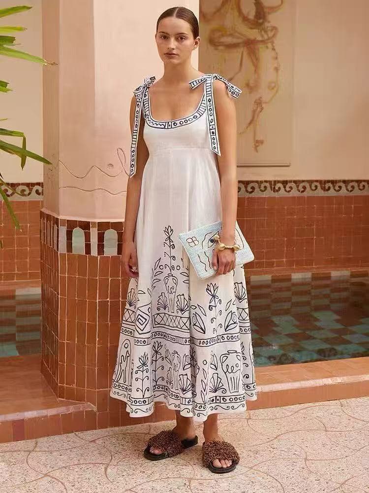 C18370 Item number: 20261542 Zimmermann* Vintage/retro abstract flower print linen dress with straps. Long dress, white, S-XL. [Size M: Waist 84 with elastic, waistline 80 with elastic, length 132; Weight: 0, 770kg] — image 3