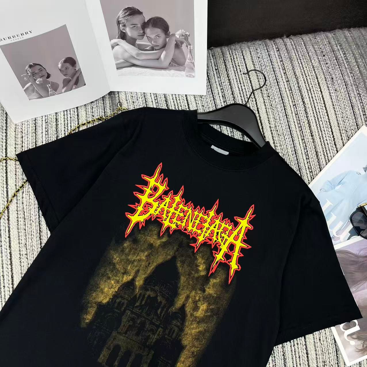 C18594 Highly recommended: 26 Spring/Summer collection 2024. BAL* Dark Holy Heart Cathedral Crackle Print Round Neck Short Sleeve Loose Fit T-shirt – This is a smaller size. Unisex SML version. — image 2