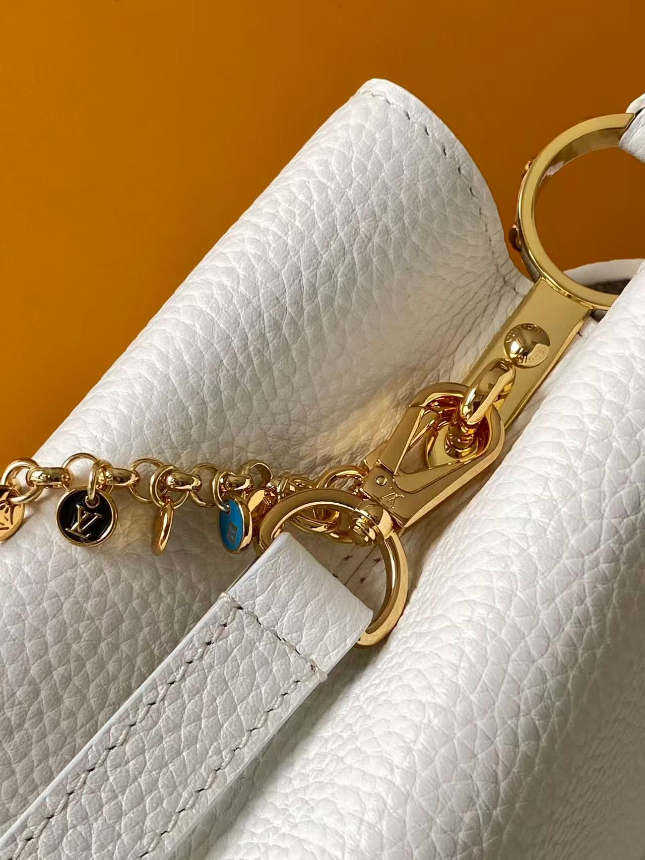 C5299 💰M28200 White M28304 Red M28245 Sand color M28198 Horizontal mint green M28197 Black premium original dynamic 163 This model: Capucines mini handbag comes from the LV Confetti collection. Made from light-colored Taurillon leather, it features two di — image 7