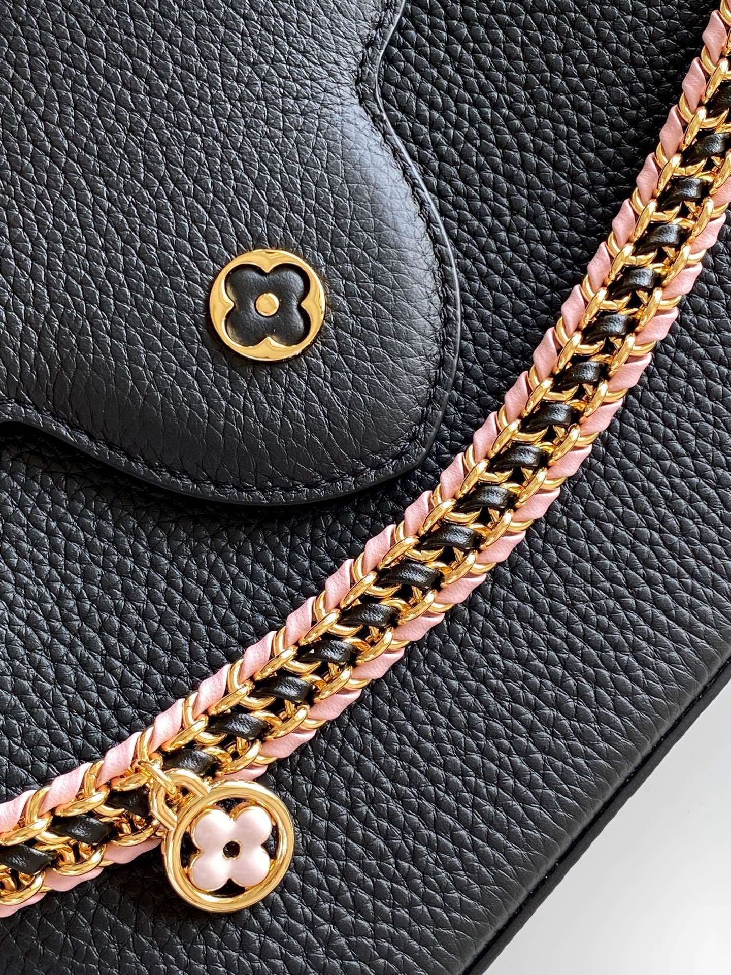 C5271 💰 M29439 Black; M28450 Beige; M29440 Gray; M28688 Brown; M28691 Bright Red; M29498 Horizontal Pink – Premium original style. Dynamic 163. This Capucines mini handbag features beautifully crafted braided chains and enamel Monogram floral decorations, — image 7