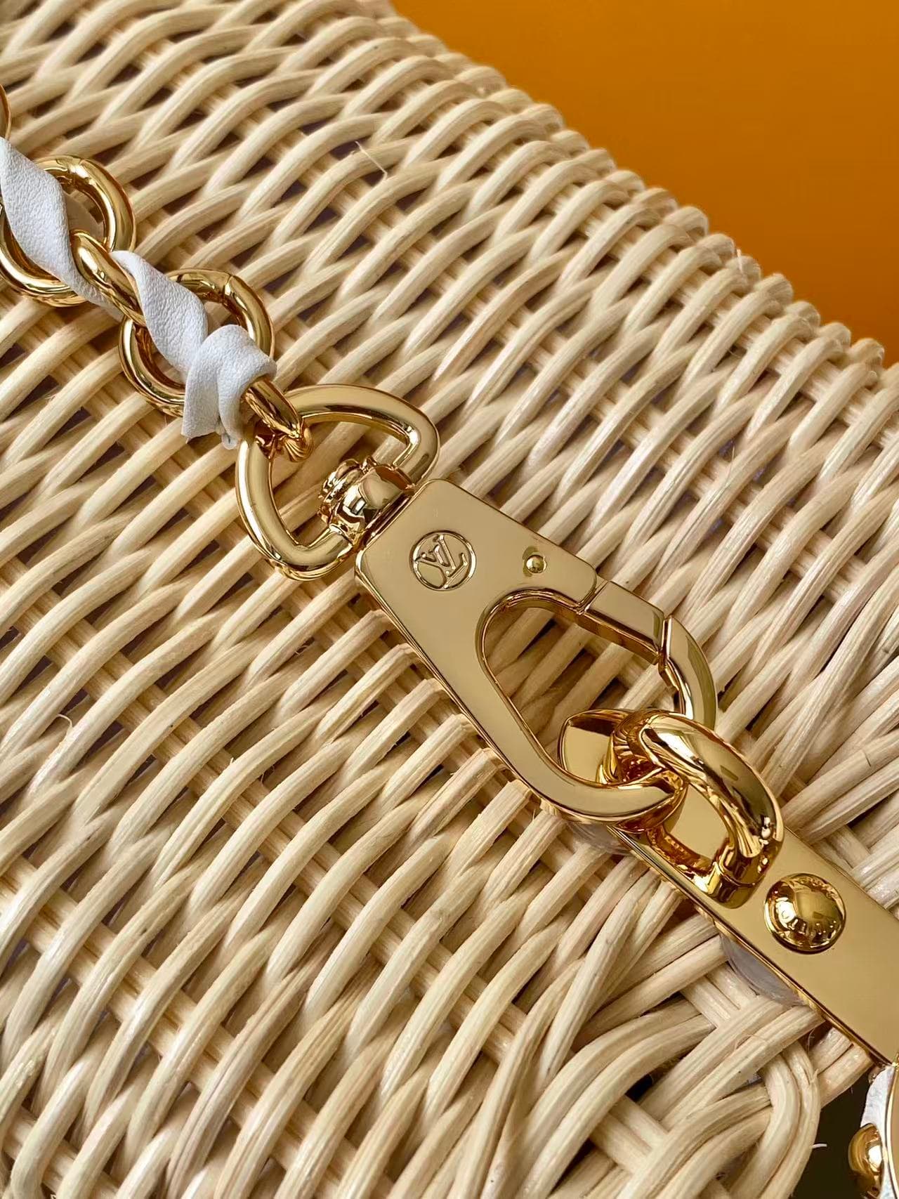 C5210 💰M28543 white M28548 pink M29501 blue M28775 new brown M28542 large new brown premium original. This Capucines mini handbag belongs to the Rattan collection. It features a snap closure and the Louis Vuitton Monogram pattern, creating a unique design — image 6