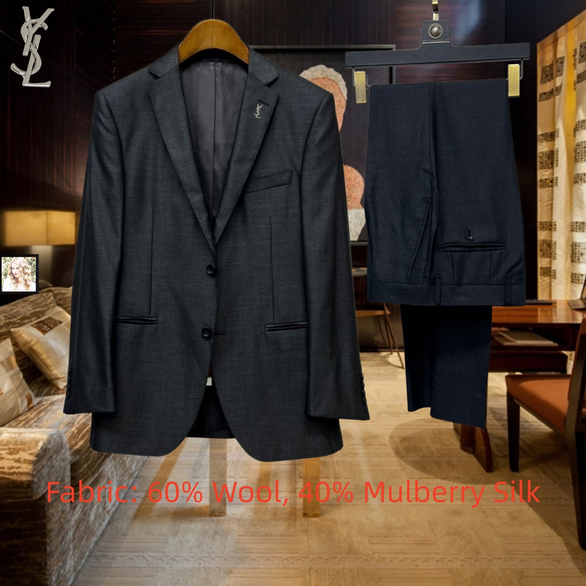 C18002 Jacket and trousers – top-quality wool fabric. Fabric composition: 50% wool, 50% silk. Highly recommended by the store! Best-selling item! 🔥 [YSL] High-end suit set of original designs; identical to those on the official website. Set includes a sui — image 1