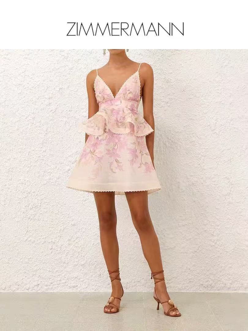C18254 Item number: 20252648 Zimmermann – New model, purple floral print, ruffled V-neck dress with waist belt. Short skirt, beige and black colors, sizes S-XL. [Size M; bust: 76, elastic; waist: 74; length: 82] — image 4