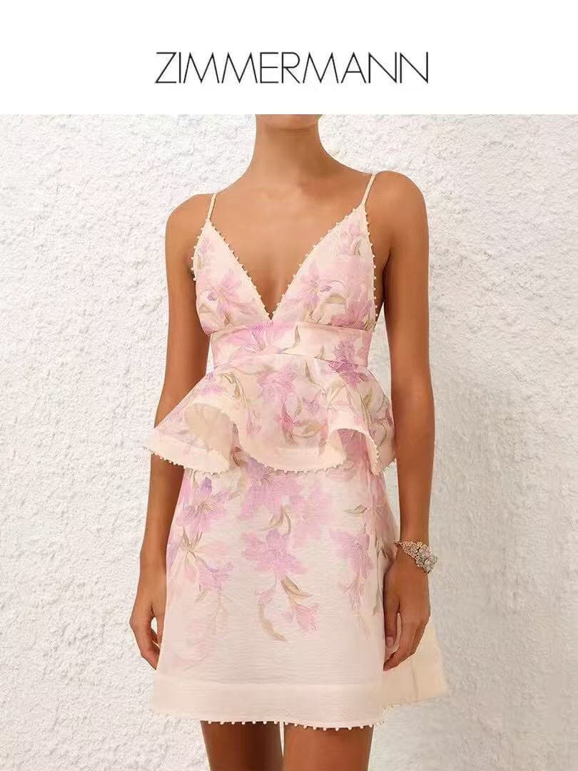 C18254 Item number: 20252648 Zimmermann – New model, purple floral print, ruffled V-neck dress with waist belt. Short skirt, beige and black colors, sizes S-XL. [Size M; bust: 76, elastic; waist: 74; length: 82] — image 2