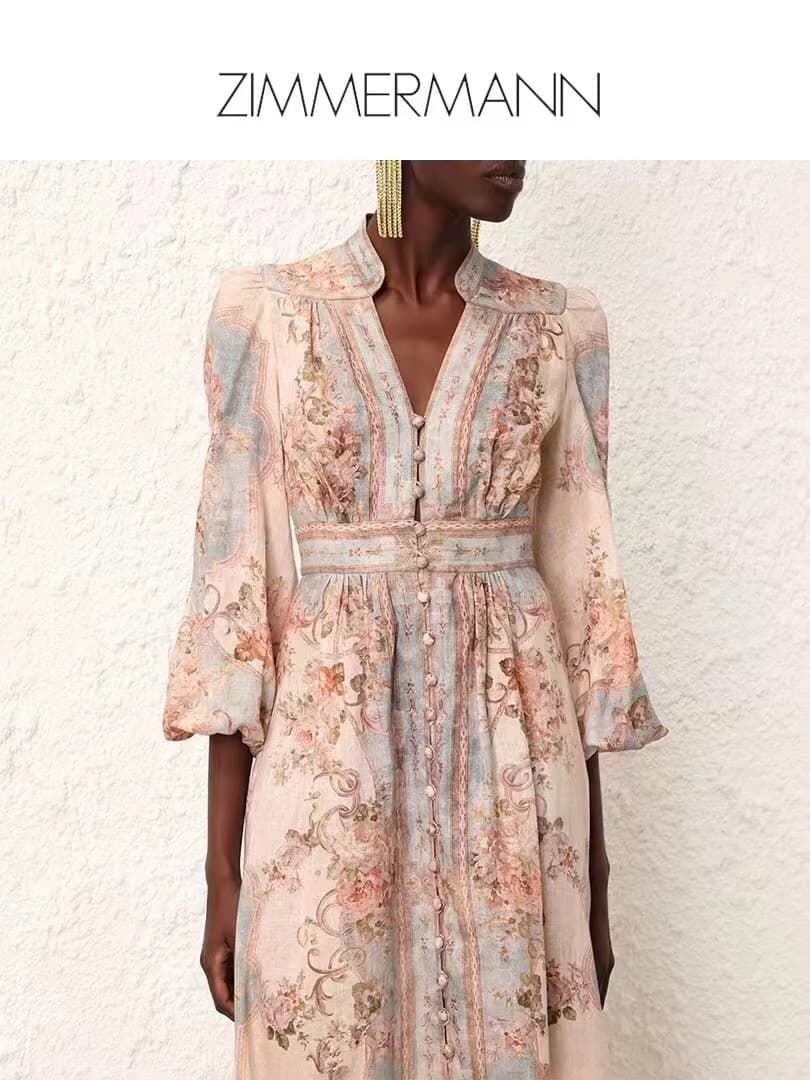 C18302 Item number: 20264828 Zimmermann* New model, vacation-themed elegant dress with print. Long-sleeved V-neck dress, light beige color, S-XL size. [Size M: Chest circumference 84, waist circumference 72, sleeve length 59, overall length 128; Weight: 0 — image 6