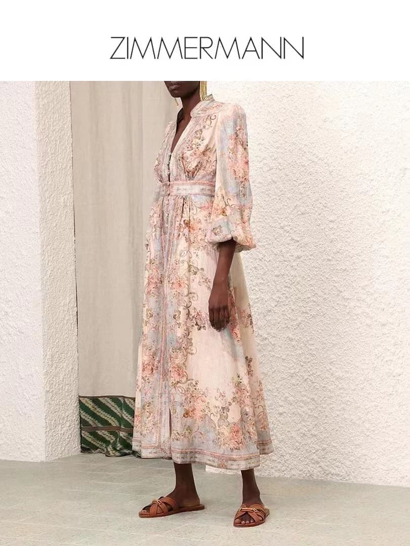 C18302 Item number: 20264828 Zimmermann* New model, vacation-themed elegant dress with print. Long-sleeved V-neck dress, light beige color, S-XL size. [Size M: Chest circumference 84, waist circumference 72, sleeve length 59, overall length 128; Weight: 0 — image 7