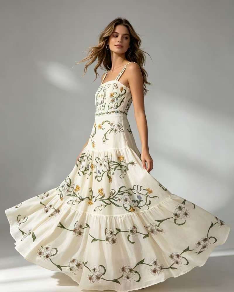 C18273 Item number: 20265115 Zimmermann* New model, elegant style, floral print linen wrap dress. Long dress, beige color, S-XL sizes. [Size M: Bust 84, waist 76, length 130; Weight: 0, 545kg] — image 1