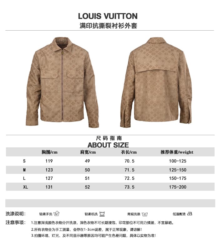 C10305 LOUIS VUITTON LV MONOGRAM Tear-resistant shirt and jacket; size chart — image 1