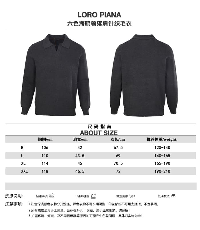 C10299 LORO PIANA LP Six-color seagull-necked knitted sweater; size chart — image 1