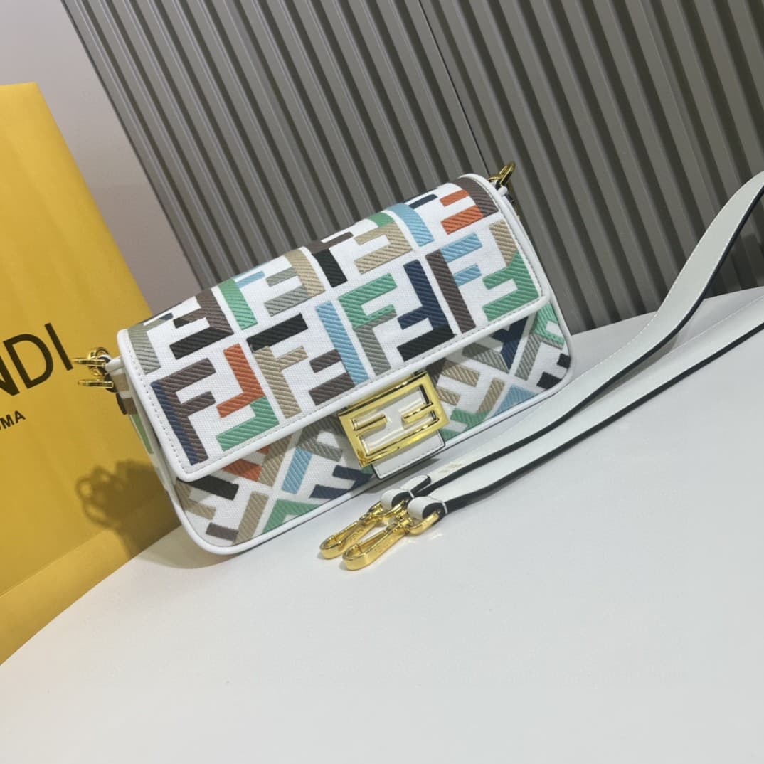 C2912 The Fendi Baguette handbag made of top-quality leather is available in stock – it truly embodies the summer vibe; with colorful rainbow🌈F embroidery. This Fendi Baguette bag is definitely a trendy item for this summer! It looks great when worn; it’s — image 2