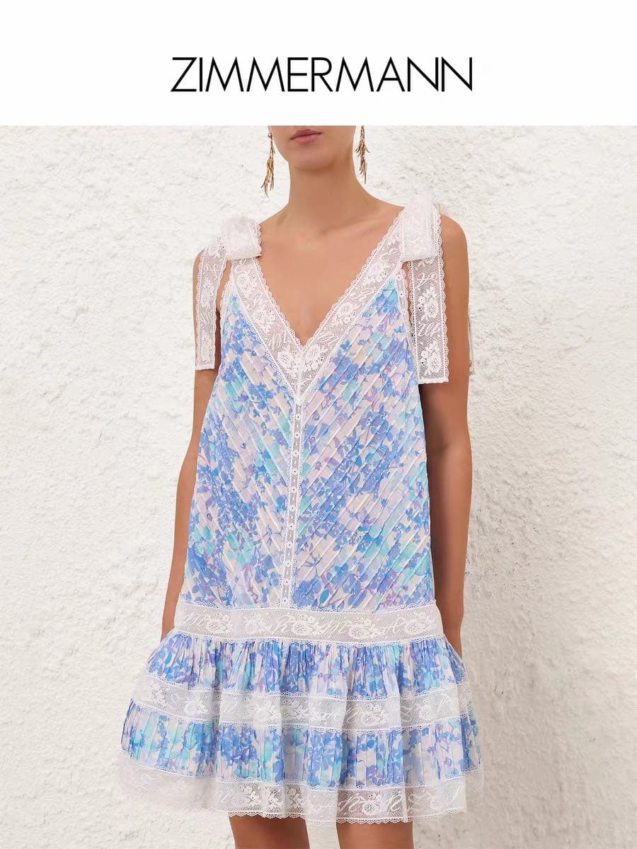 C18252 Zimmermann Summer New Arrival Light Blue Dress with Floral Patterns, Deep V Lace, Sweet Backless Dress Smlxl — image 4