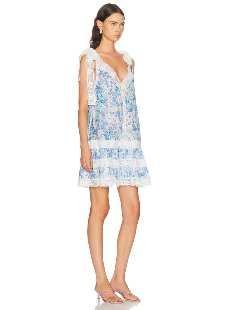 C18252 Zimmermann Summer New Arrival Light Blue Dress with Floral Patterns, Deep V Lace, Sweet Backless Dress Smlxl — image 2