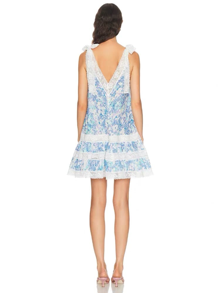 C18252 Zimmermann Summer New Arrival Light Blue Dress with Floral Patterns, Deep V Lace, Sweet Backless Dress Smlxl — image 3