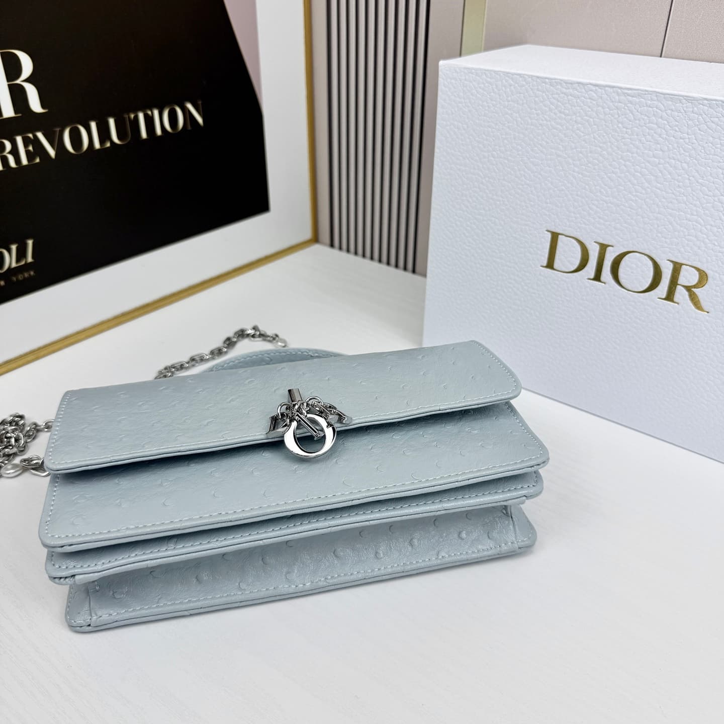 C1836 The latest brick-shaped cabinet handbag features a pearl chain design 🎀. It has a cowhide material with ostrich pattern details, along with classic letter-shaped decorative straps 🎀👏. The unique handle design, combined with the soft ostrich pattern, — image 5