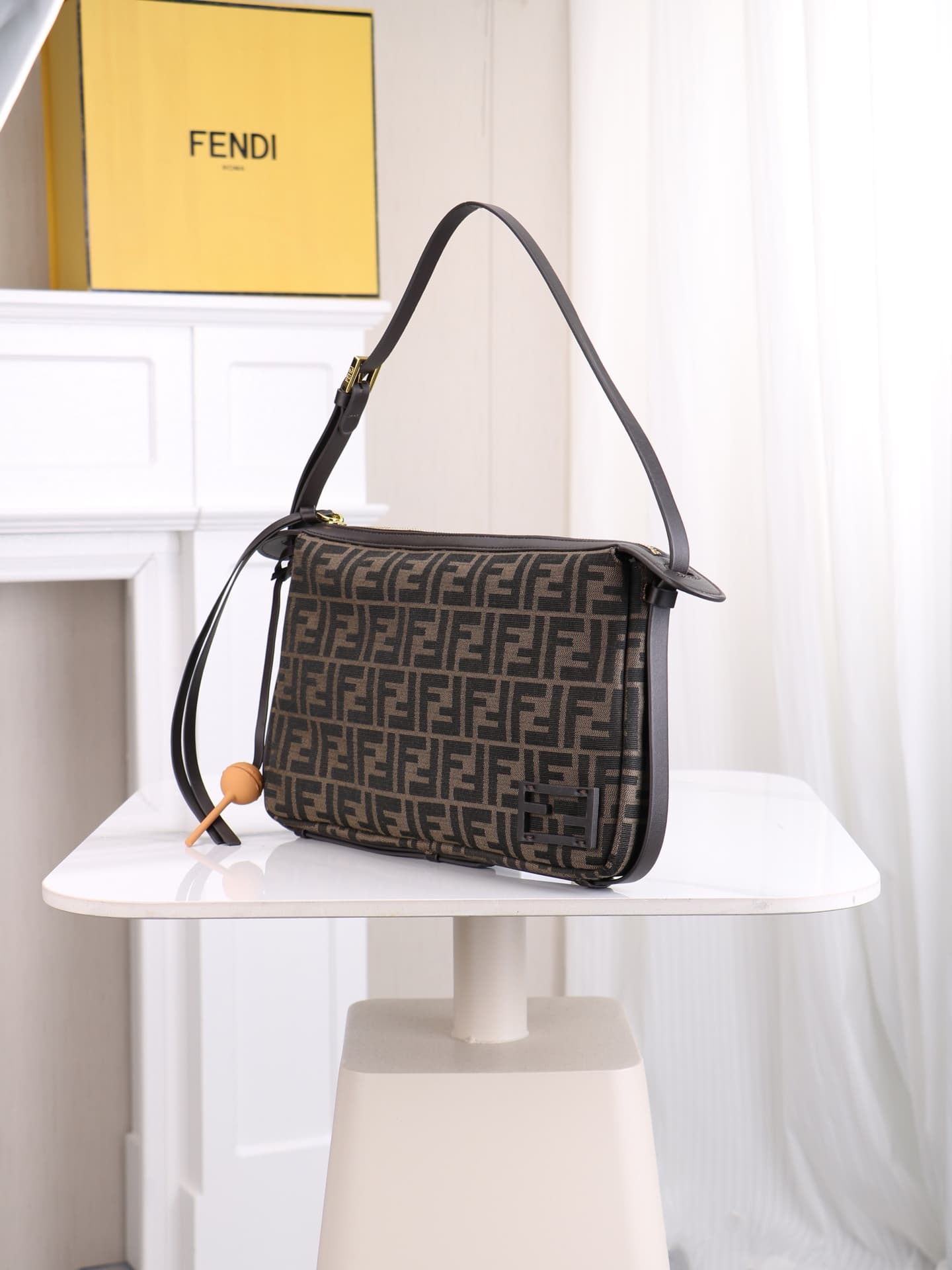 C2874 Model 7718 – the latest trendy medium-size script pattern. The classic script pattern fabric is paired with dark coffee calf leather, giving a sophisticated, relaxed feel. It features hand-sewn leather-like hardware buttons; it’s subtle yet eye-catc — image 3