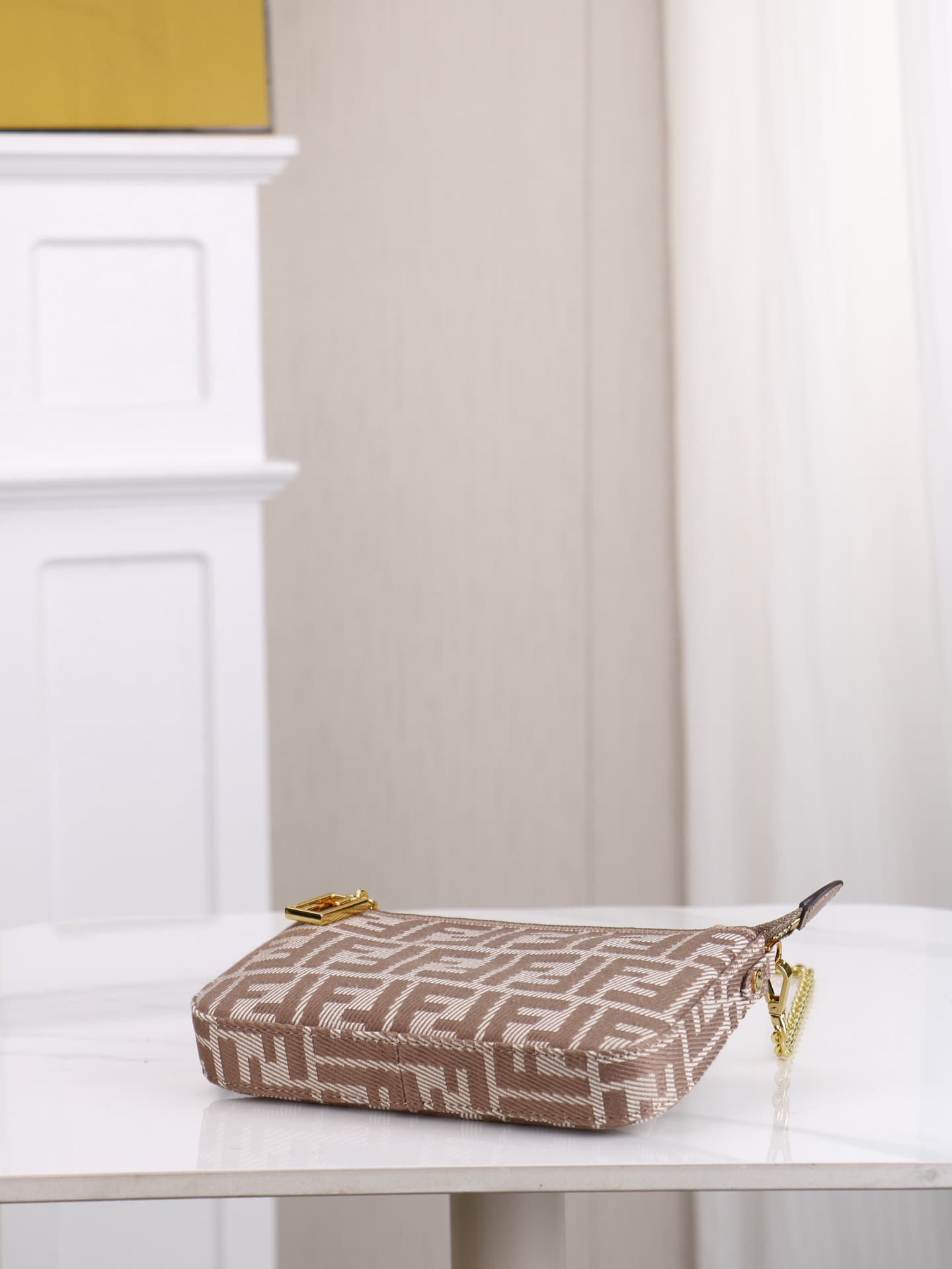 C2861 Model 7717 Baguette handbag. Made of denim print material, with classic double F logos. Features a detachable thin chain and long shoulder strap. Closes with zippers; the zipper pulls have the distinctive FF pattern. It’s small and delicate, perfect — image 4