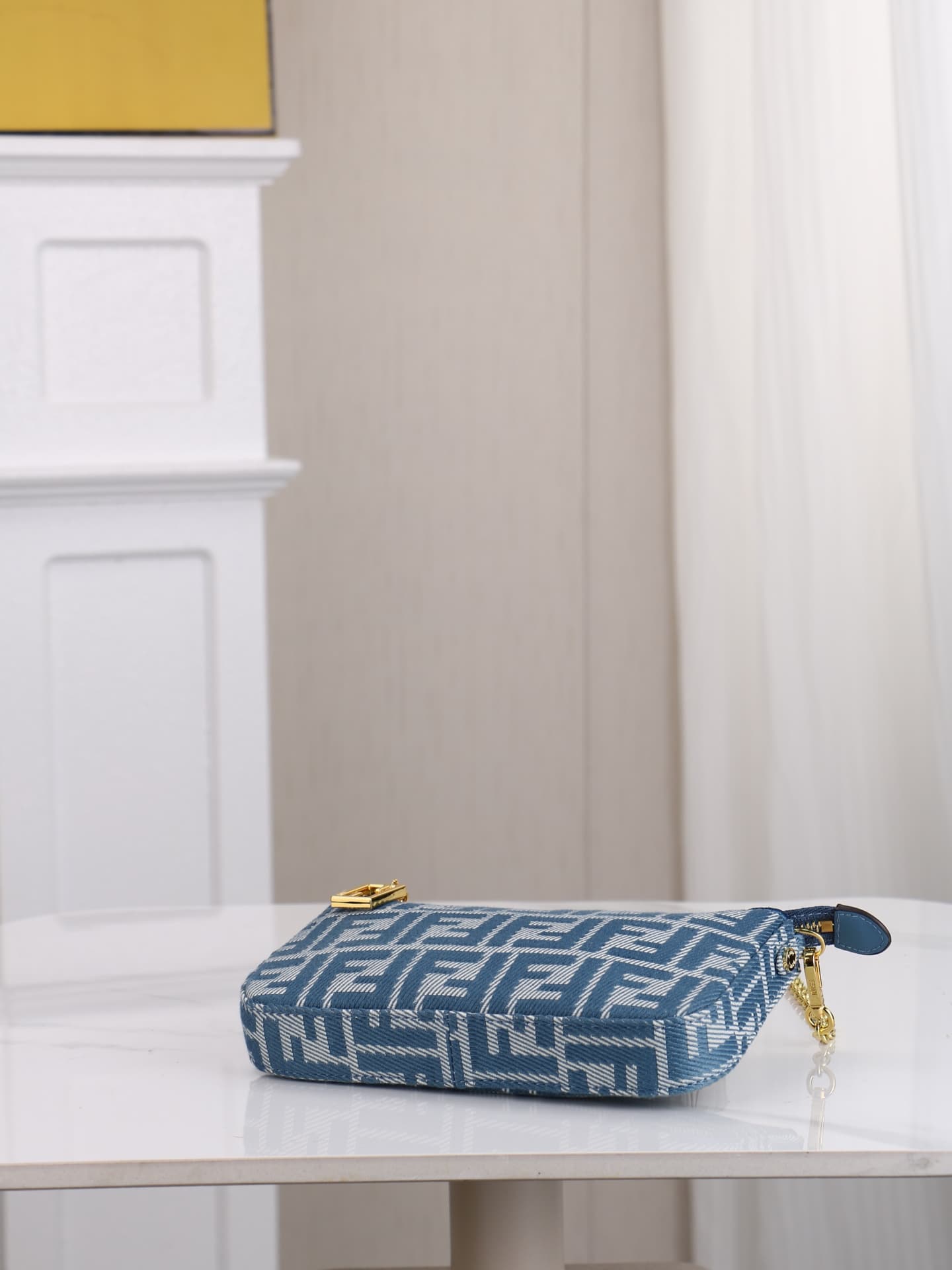 C2863 Model 7717 Baguette handbag. Made of denim print material, with classic double F logos. Features a detachable thin chain and long shoulder strap. Closes with zipper; the zipper pull has the distinctive FF pattern. It’s compact and elegant, perfect f — image 4