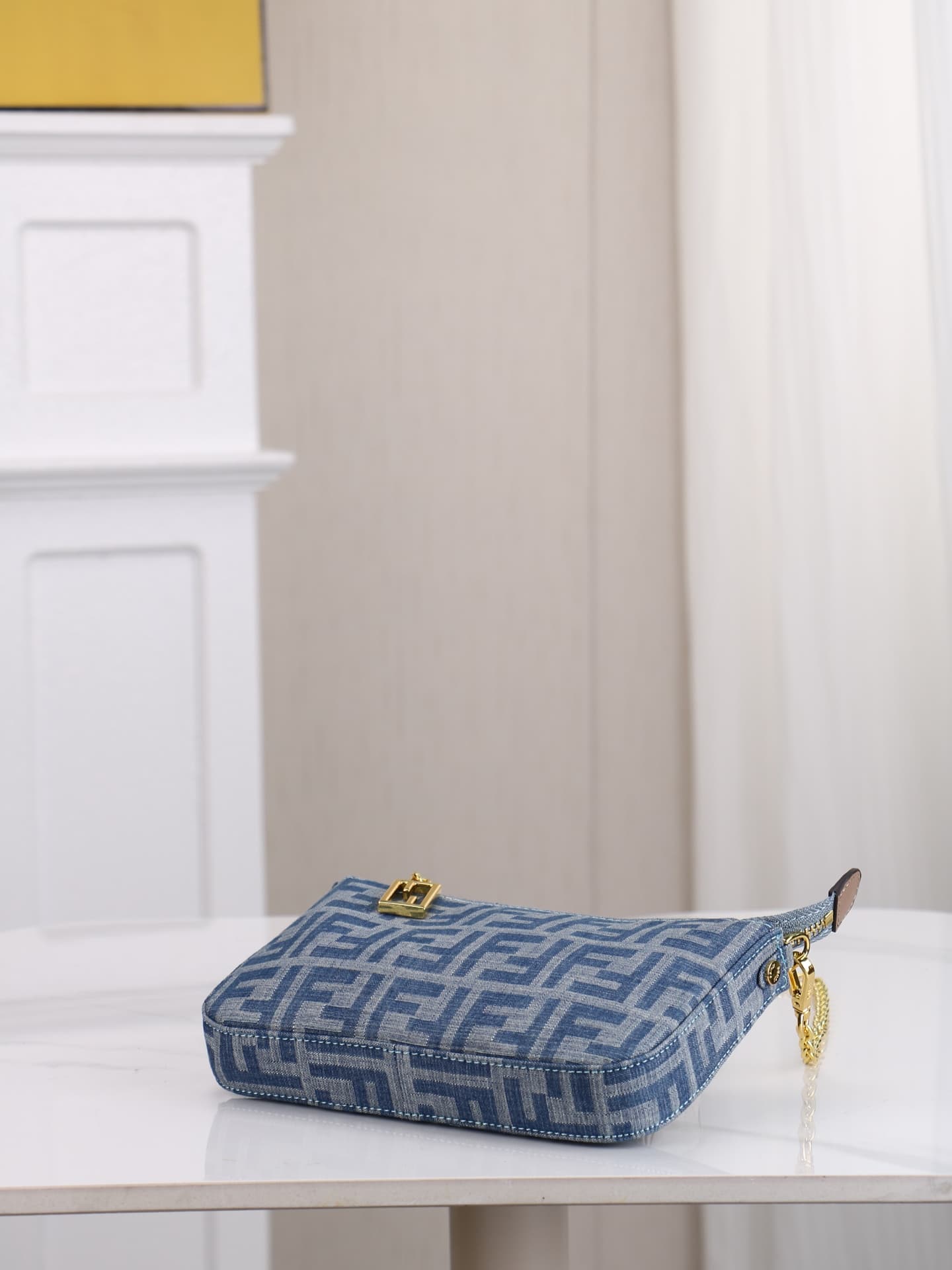 C2859 Model 7717 Baguette handbag. Made of denim print material, with classic double F logos. Features detachable thin chains and long shoulder straps. Opened with zippers, and the zipper pulls have the distinctive FF pattern. It’s compact and elegant; pe — image 4