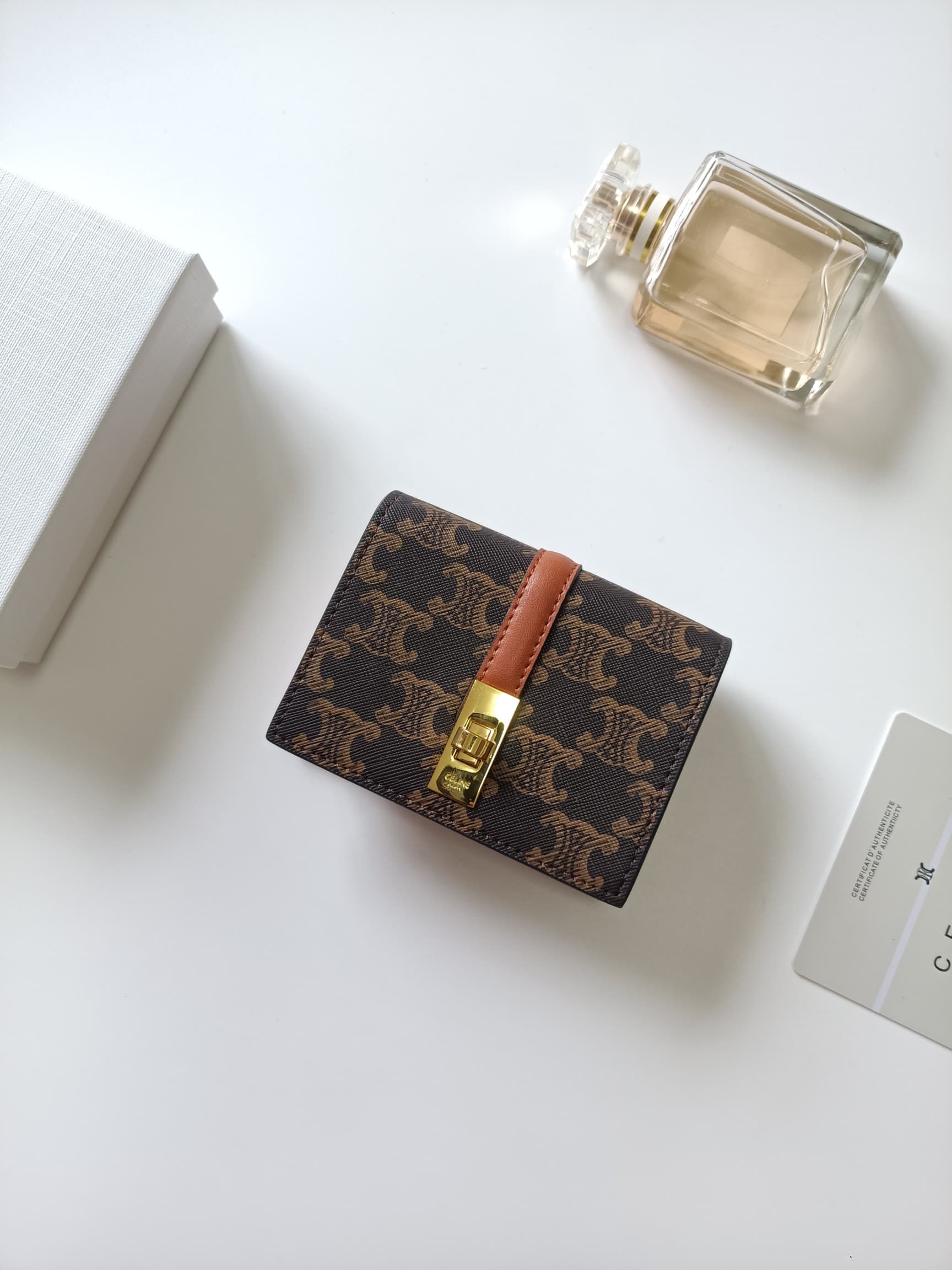 C454 Celine’s new card bag – TRIOMPHE flip-top card bag. It features a classic pattern on the outer surface, with smooth-textured ultra-fine material. The bag opens using a rotating lock mechanism. There are 1 additional thick compartment for storing card — image 2