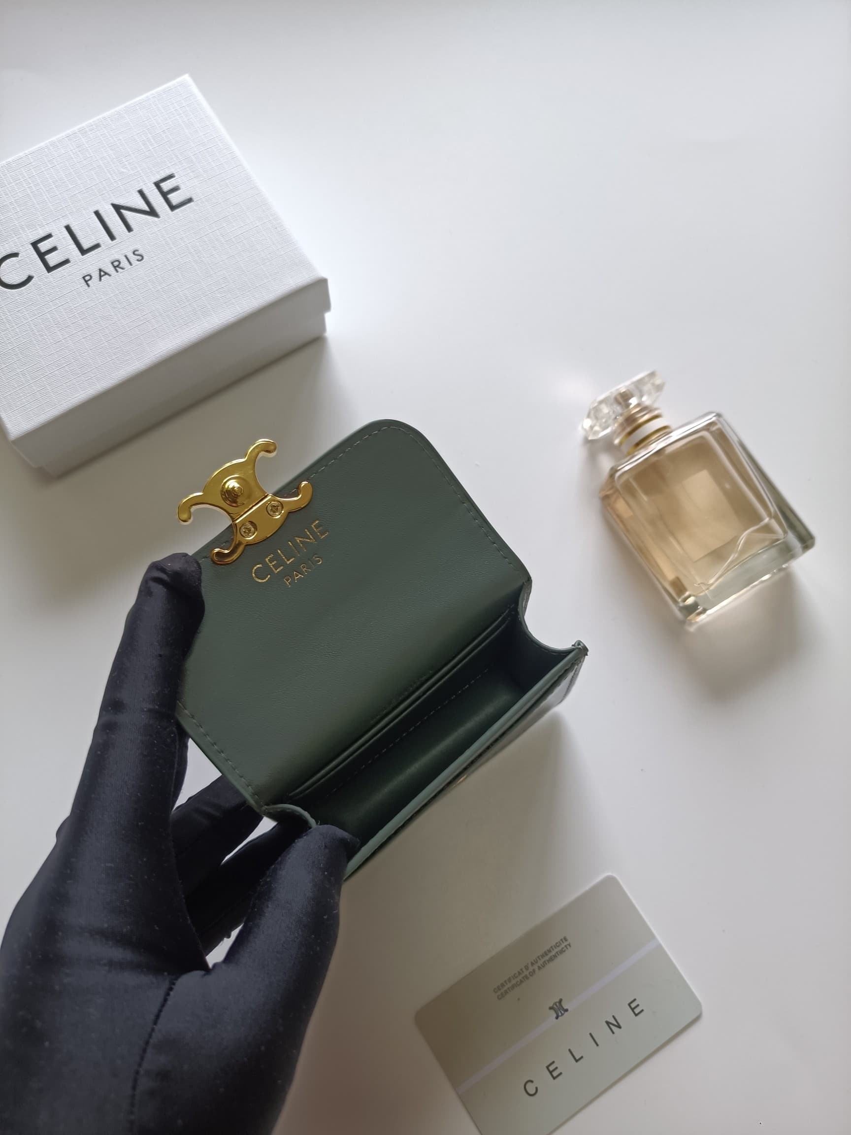 C461 Celine’s new card case, TRIOMPHE name card case – featuring classic patterns on the large surface area, with smooth finish on the inner part. It has a golden-colored TRIOMPHE metal clasp for opening and closing. There is one thick inner compartment,  — image 6
