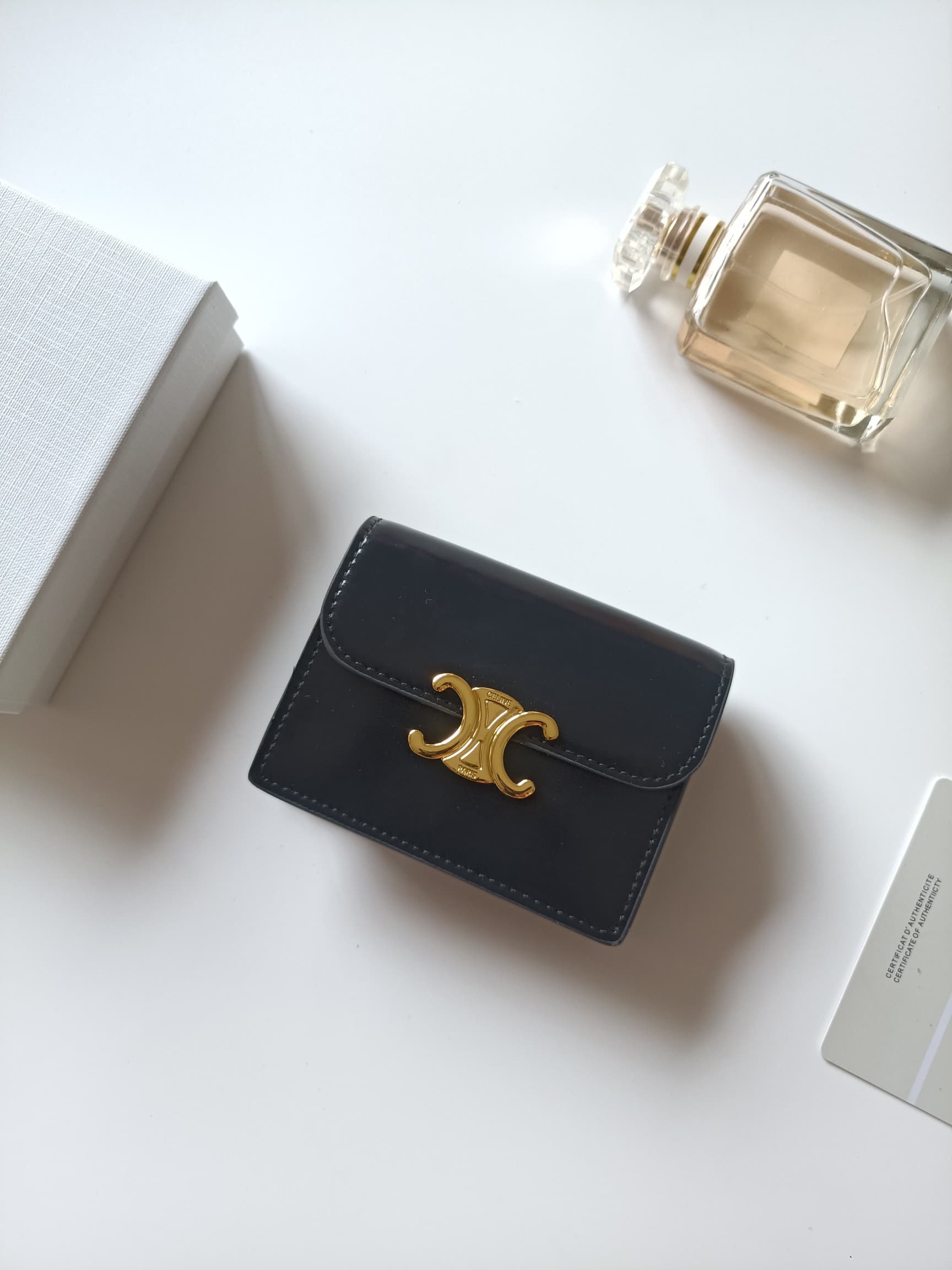 C458 Celine’s new card bag, TRIOMPHE namecard bag. It features a classic pattern on the large interior surface, with flat-texted microfiber material. The bag has a golden metallic zipper closure. It includes one thick inner compartment and one card slot o — image 2