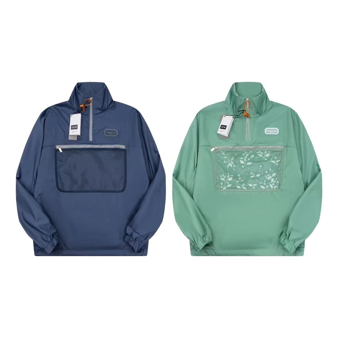 C10338 Dio CD Dijia 23 Spring/Summer new-style hoodie jacket 🔥 This jacket is made from waterproof blue satin fabric, paired with contrasting mesh fabric and zipper pockets. There are embroidered squares on the chest, along with thin gauze strips from Chr — image 3