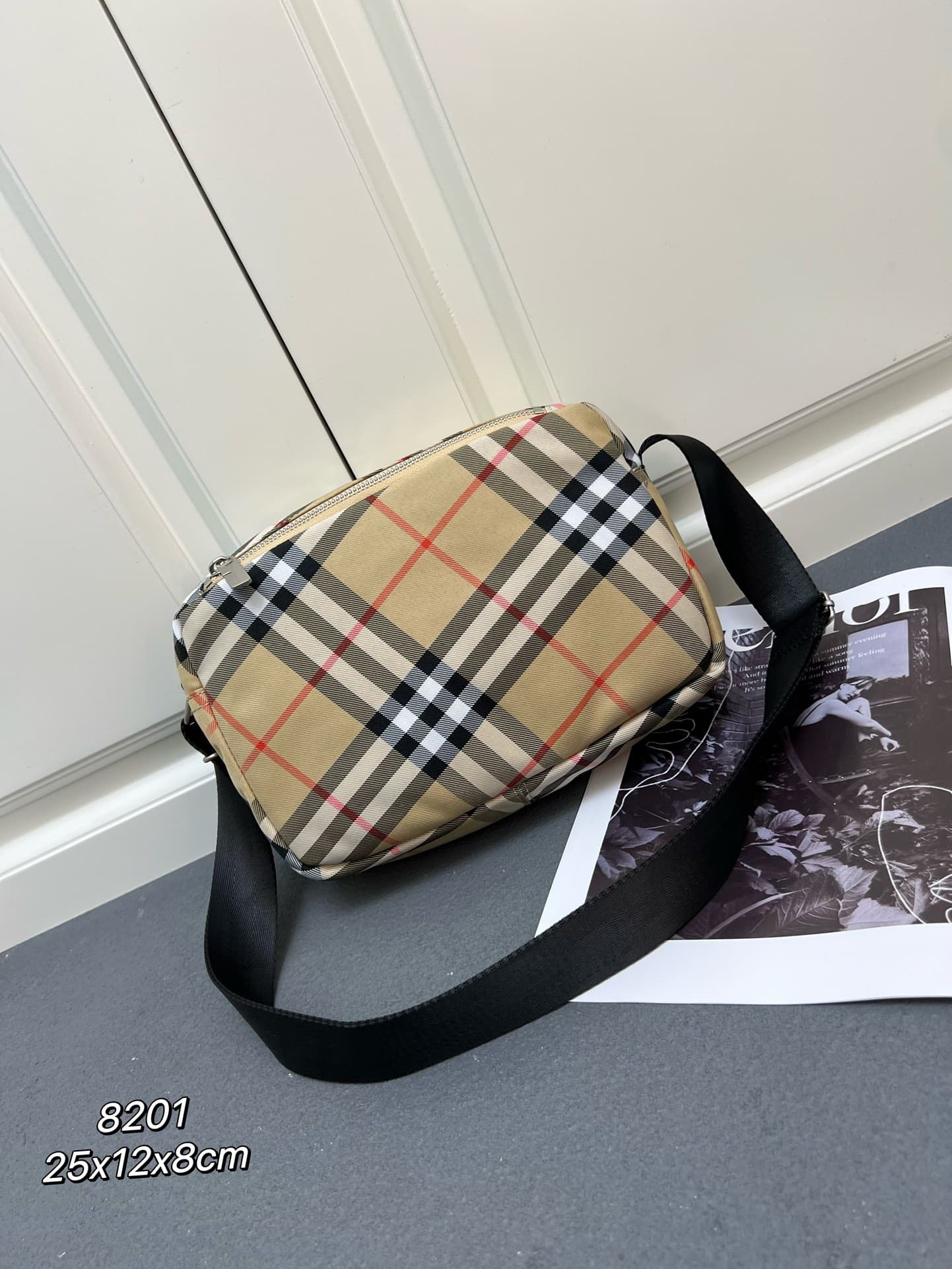C31 ¥ (B brand) crossbody backpack, adorned with fine-denim Burberry check pattern. Features embroidered EKD crest patches, with a solid-colored lining. Equipped with a B-shaped zipper pull and 1 external pockets for storing various small items. A classic — image 2